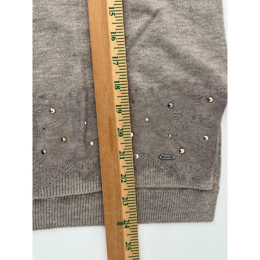 Mayoral Taupe Knit Funnel Neck Sweater Vest Lace Rhinestone Hem Size M USA made - Picture 7 of 8